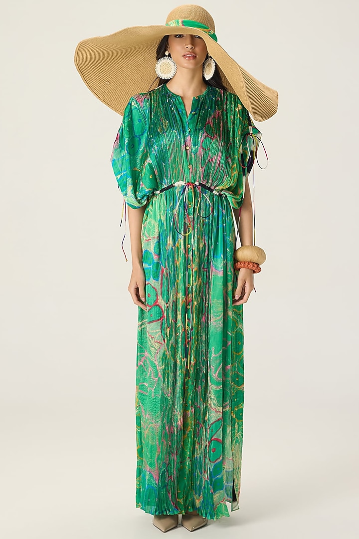Green Chiffon Floral Printed Kaftan by Saaksha & Kinni at Pernia's Pop Up Shop