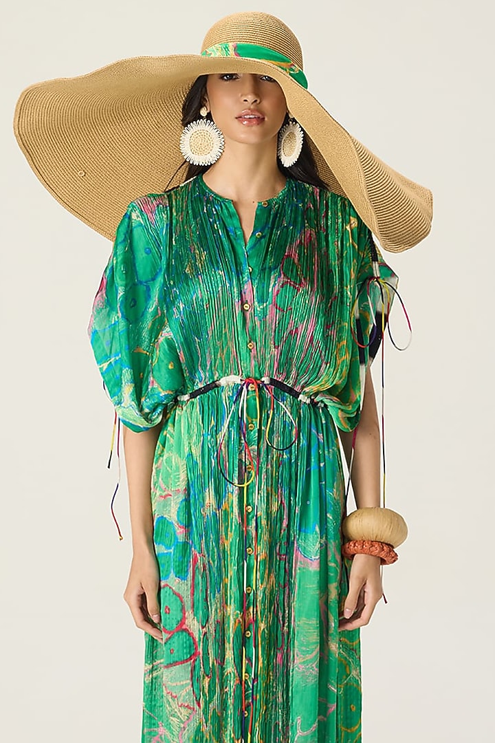 Green Chiffon Floral Printed Kaftan by Saaksha & Kinni at Pernia's Pop Up Shop
