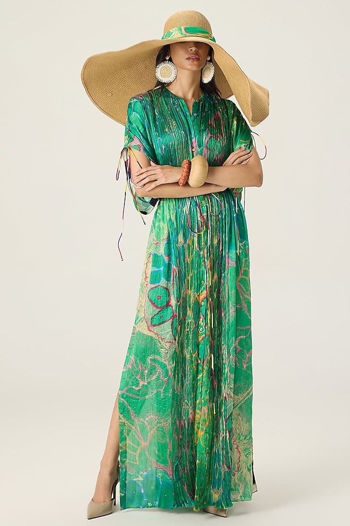 Green Chiffon Floral Printed Kaftan by Saaksha & Kinni at Pernia's Pop Up Shop