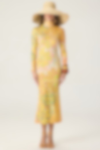 Yellow Stretch Jersey Floral Printed Midi Vacation Dress by Saaksha & Kinni at Pernia's Pop Up Shop