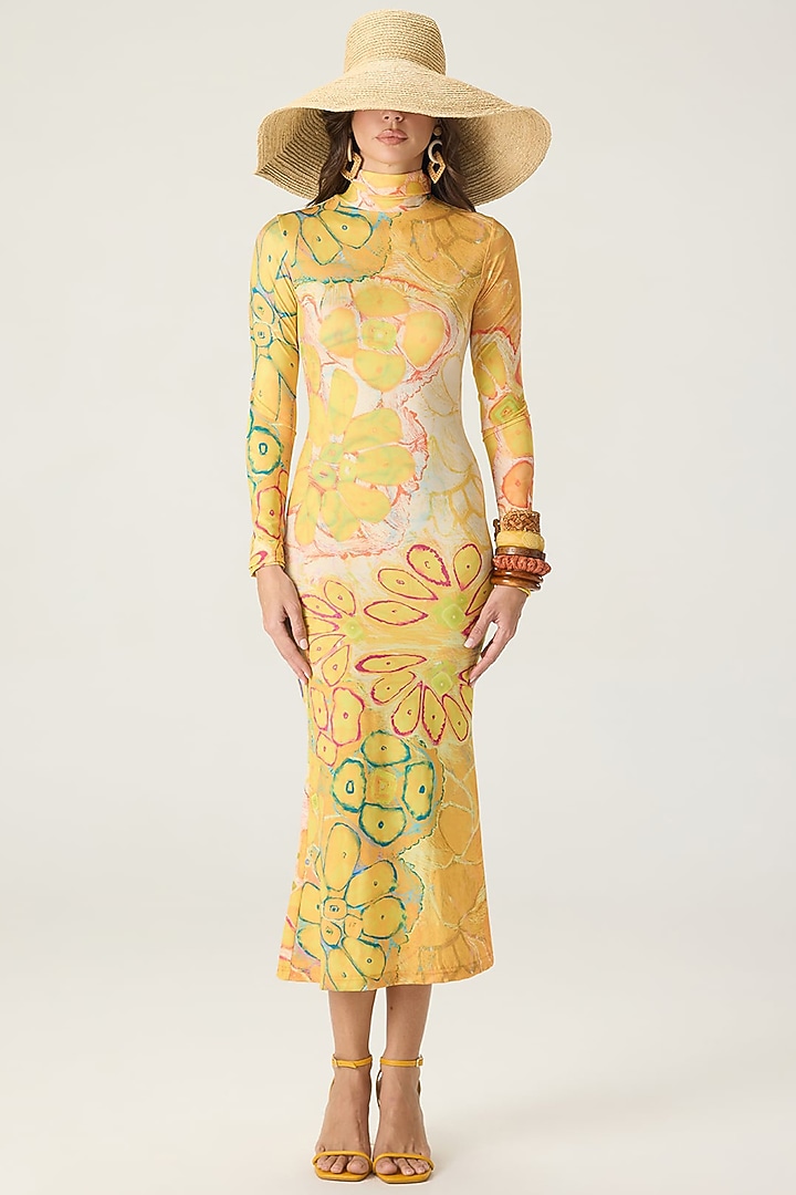 Yellow Stretch Jersey Floral Printed Midi Vacation Dress by Saaksha & Kinni at Pernia's Pop Up Shop