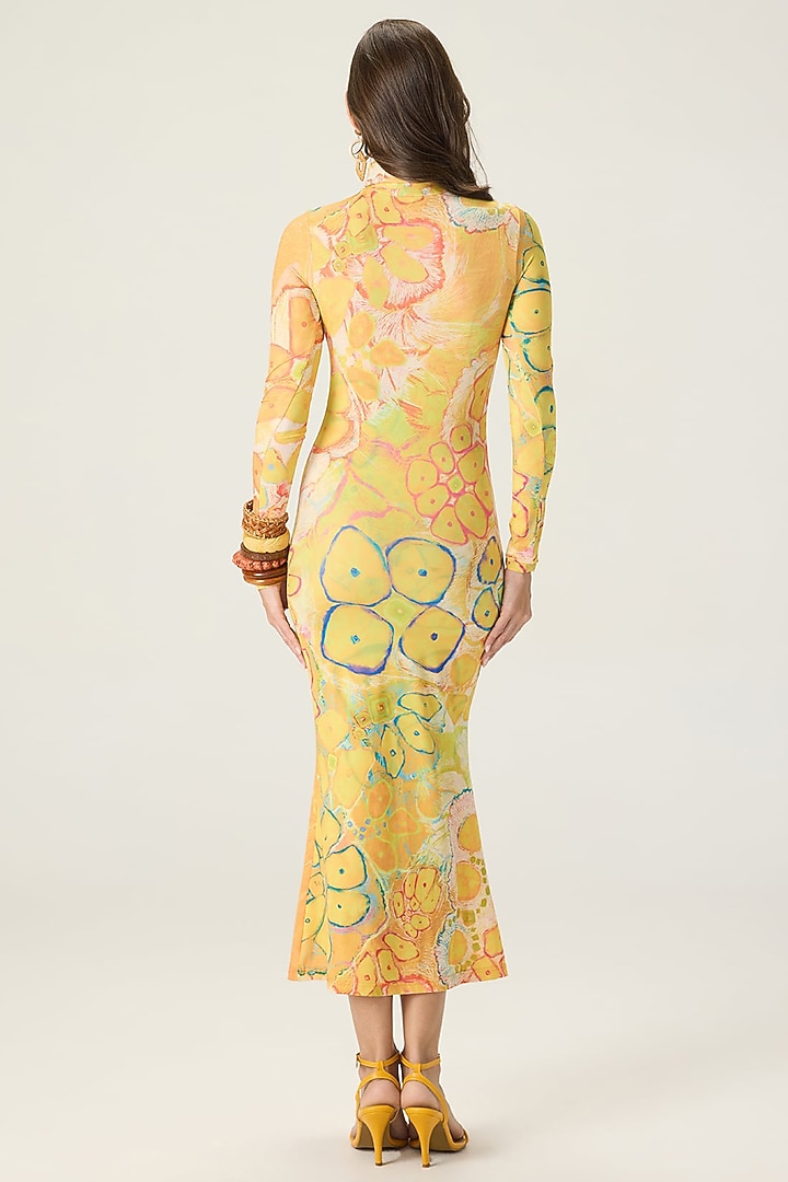 Yellow Stretch Jersey Floral Printed Midi Vacation Dress by Saaksha & Kinni at Pernia's Pop Up Shop