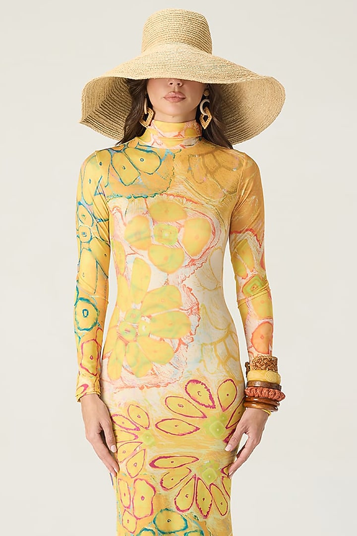 Yellow Stretch Jersey Floral Printed Midi Vacation Dress by Saaksha & Kinni at Pernia's Pop Up Shop