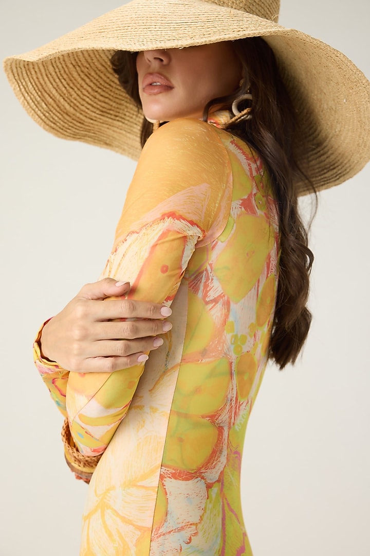Yellow Stretch Jersey Floral Printed Midi Vacation Dress by Saaksha & Kinni at Pernia's Pop Up Shop