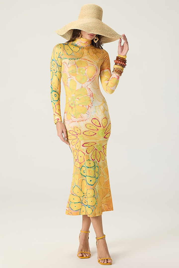 Yellow Stretch Jersey Floral Printed Midi Vacation Dress by Saaksha & Kinni at Pernia's Pop Up Shop