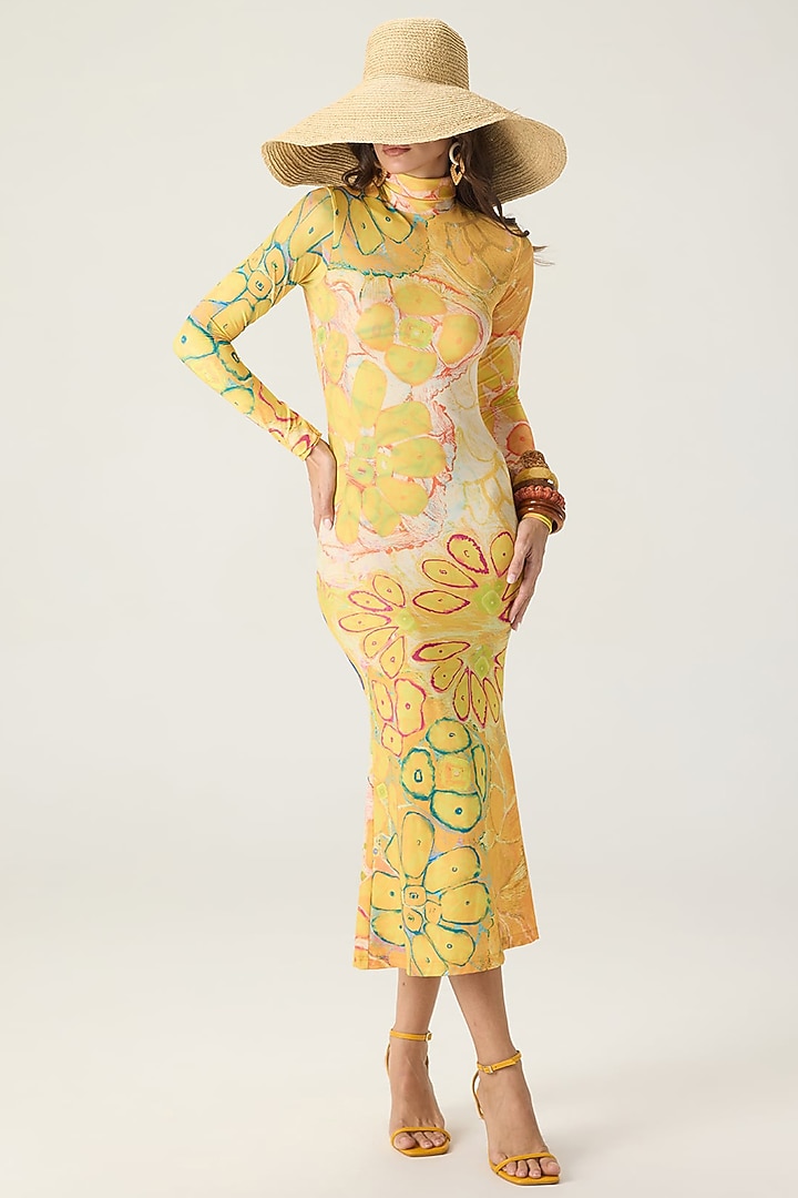 Yellow Stretch Jersey Floral Printed Midi Vacation Dress by Saaksha & Kinni at Pernia's Pop Up Shop