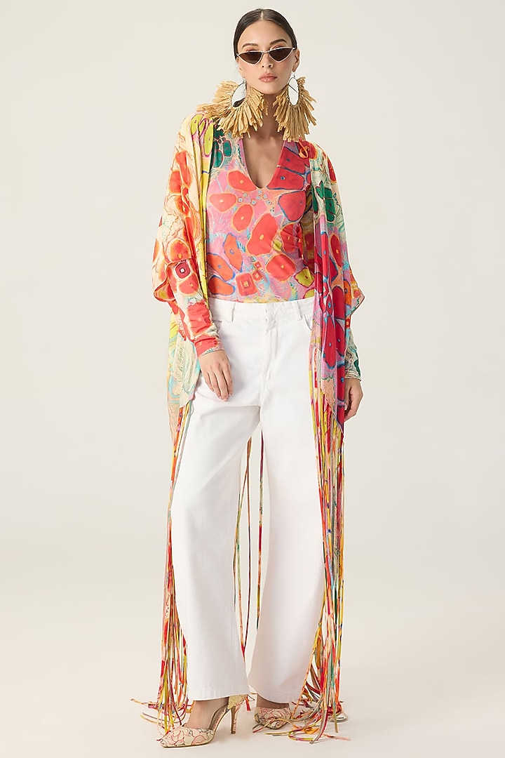 Multi-Colored Stretch Jersey Floral Printed Bodysuit With Cape by Saaksha & Kinni at Pernia's Pop Up Shop