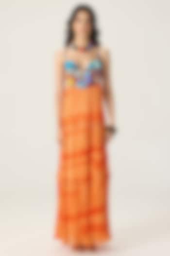 Orange Chiffon Leheriya Printed Pleated Maxi Cocktail Dress by Saaksha & Kinni at Pernia's Pop Up Shop