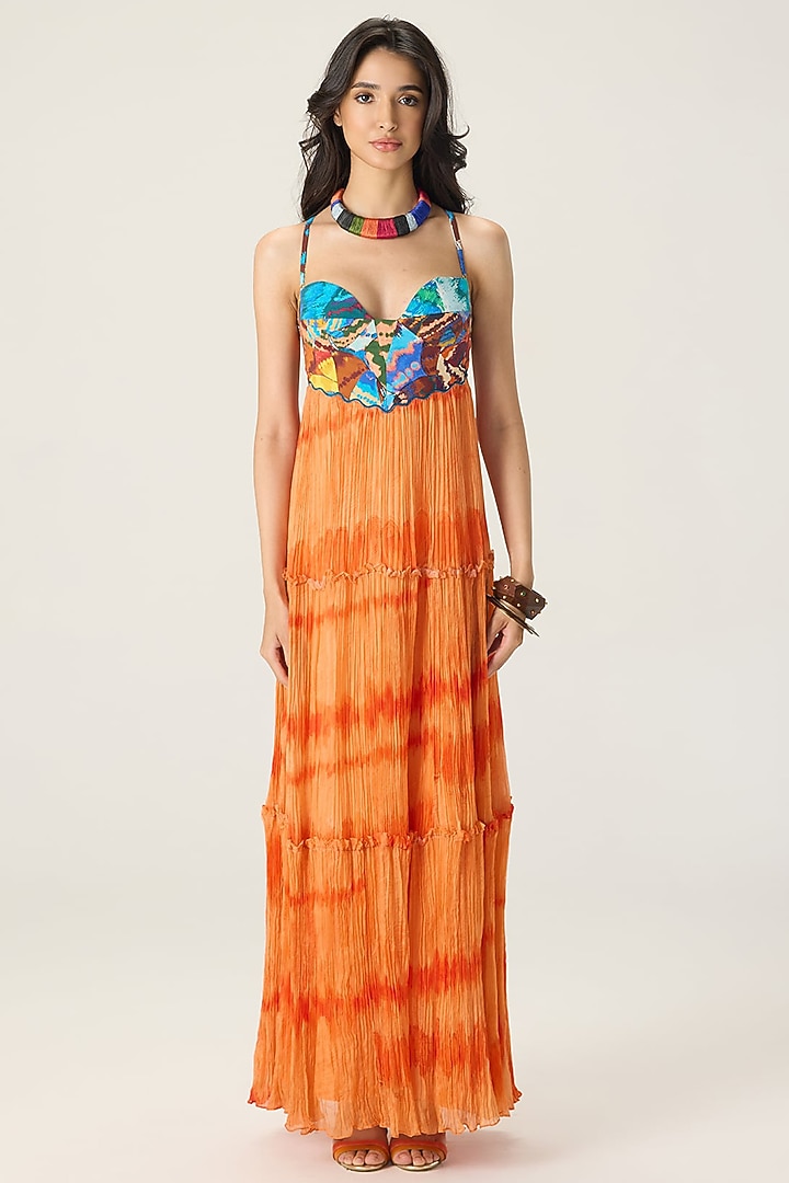 Orange Chiffon Leheriya Printed Pleated Maxi Cocktail Dress by Saaksha & Kinni at Pernia's Pop Up Shop