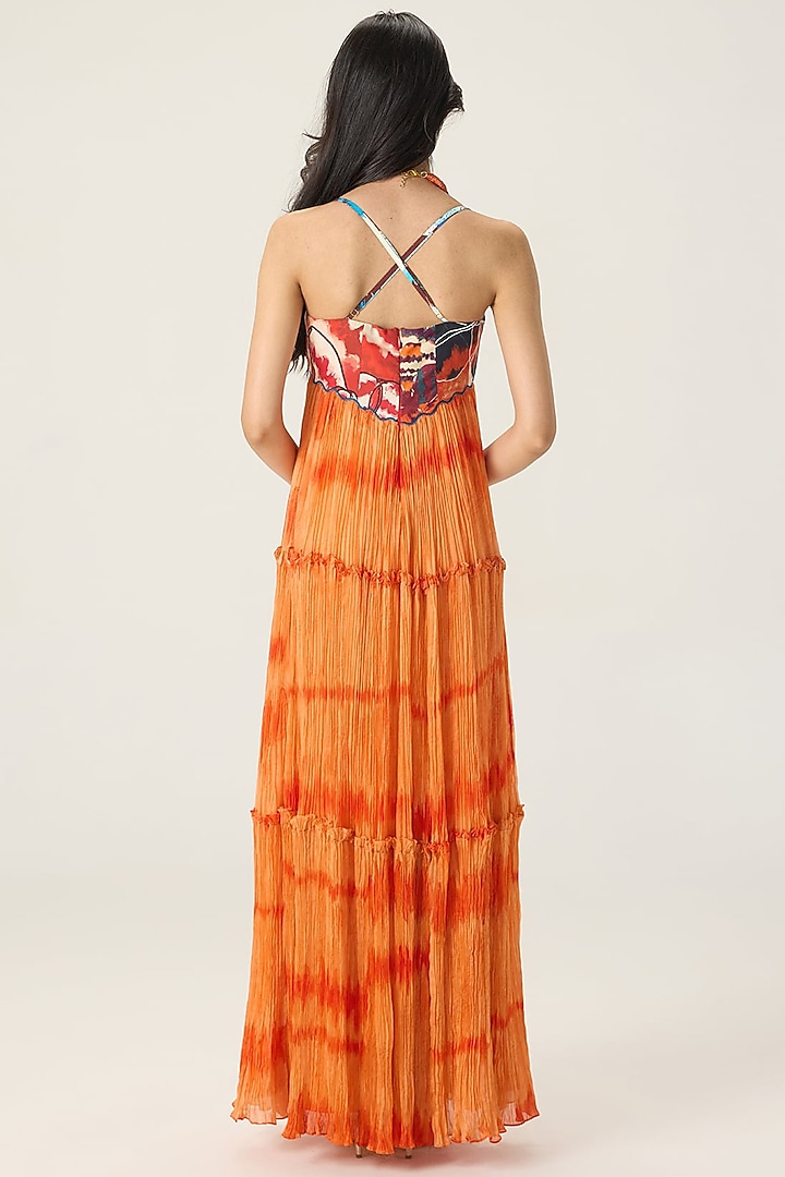 Orange Chiffon Leheriya Printed Pleated Maxi Cocktail Dress by Saaksha & Kinni at Pernia's Pop Up Shop