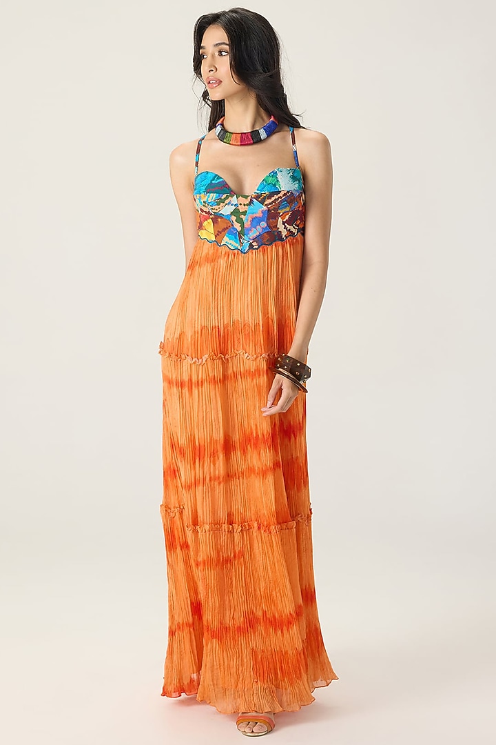 Orange Chiffon Leheriya Printed Pleated Maxi Cocktail Dress by Saaksha & Kinni at Pernia's Pop Up Shop