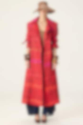 Red Habutai Leheriya Printed Trench Coat Set by Saaksha & Kinni at Pernia's Pop Up Shop