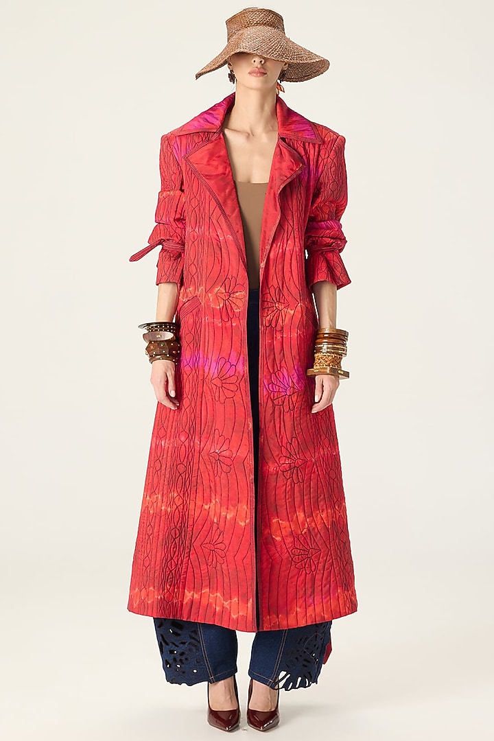 Red Habutai Leheriya Printed Trench Coat Set by Saaksha & Kinni at Pernia's Pop Up Shop