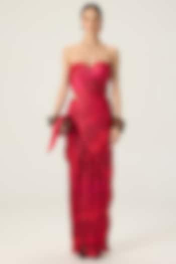 Red Chiffon Leheriya Printed Maxi Cocktail Dress by Saaksha & Kinni at Pernia's Pop Up Shop