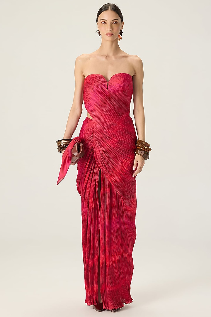 Red Chiffon Leheriya Printed Maxi Cocktail Dress by Saaksha & Kinni at Pernia's Pop Up Shop