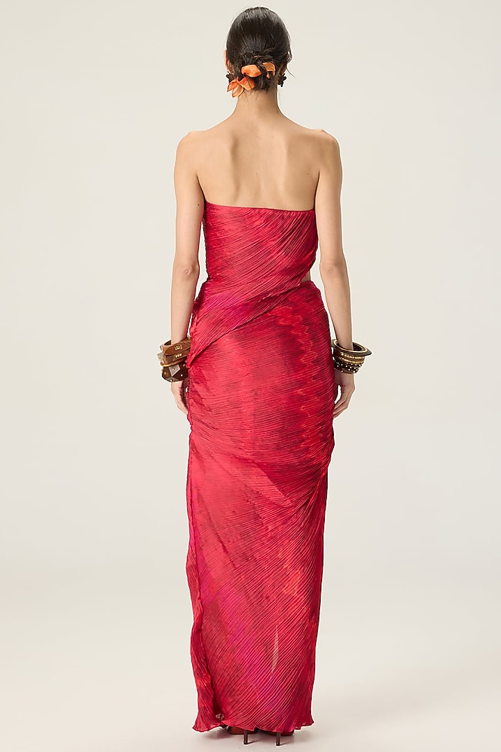 Red Chiffon Leheriya Printed Maxi Cocktail Dress by Saaksha & Kinni at Pernia's Pop Up Shop