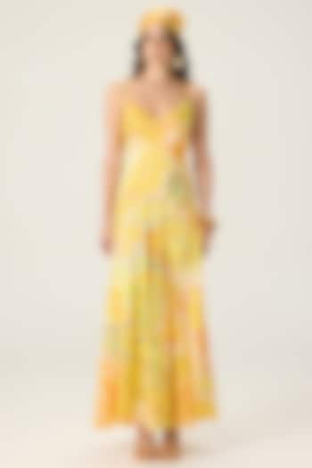 Yellow Chiffon Floral Printed Maxi Vacation Dress by Saaksha & Kinni at Pernia's Pop Up Shop