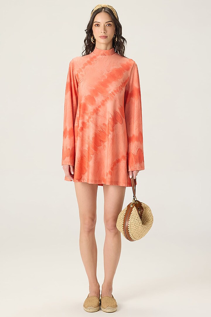 Orange Stretch Jersey Leheriya Printed Mini Vacation Dress by Saaksha & Kinni at Pernia's Pop Up Shop