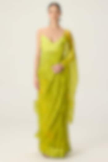 Lime Green Silk Organza Leheriya Printed Draped Wedding Saree Set by Saaksha & Kinni at Pernia's Pop Up Shop