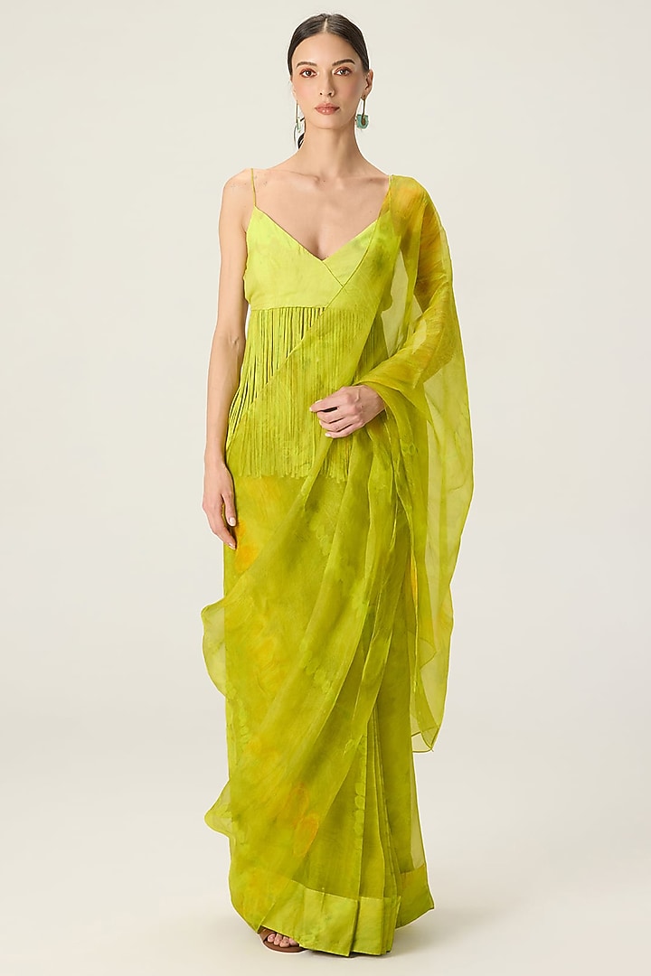 Lime Green Silk Organza Leheriya Printed Draped Wedding Saree Set by Saaksha & Kinni at Pernia's Pop Up Shop
