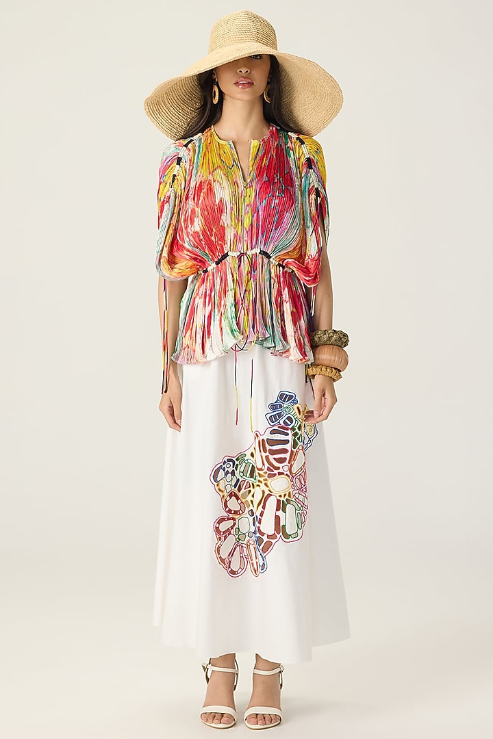 White Stretch Cotton Flared Skirt Set by Saaksha & Kinni at Pernia's Pop Up Shop