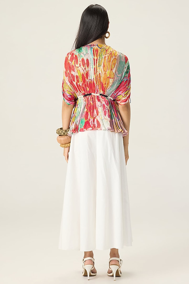 White Stretch Cotton Flared Skirt Set by Saaksha & Kinni at Pernia's Pop Up Shop