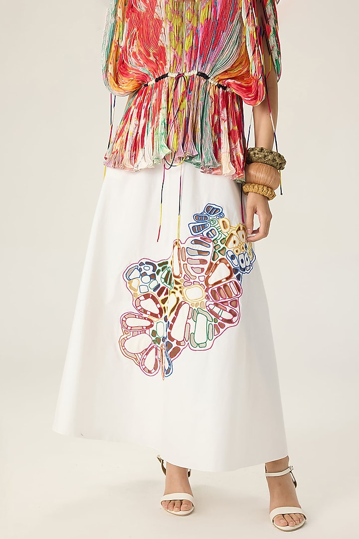 White Stretch Cotton Flared Skirt Set by Saaksha & Kinni at Pernia's Pop Up Shop