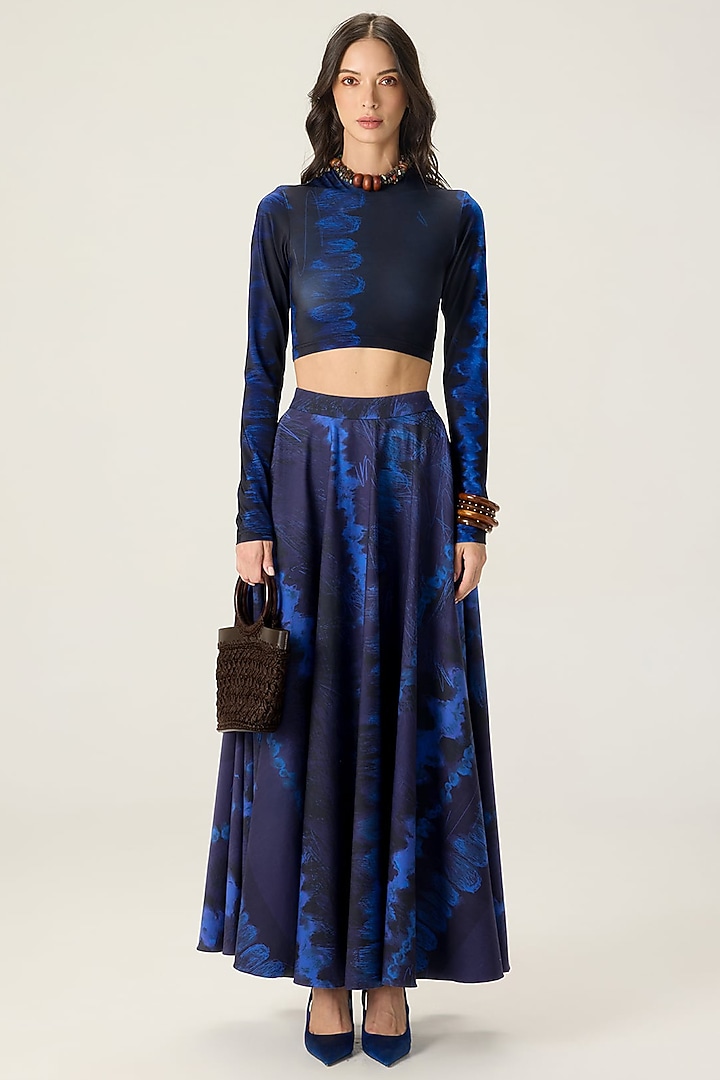 Blue Stretch Cotton Leheriya Printed Maxi Skirt Set by Saaksha & Kinni at Pernia's Pop Up Shop