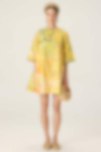 Yellow Stretch Cotton Floral Printed Mini Vacation Dress by Saaksha & Kinni at Pernia's Pop Up Shop
