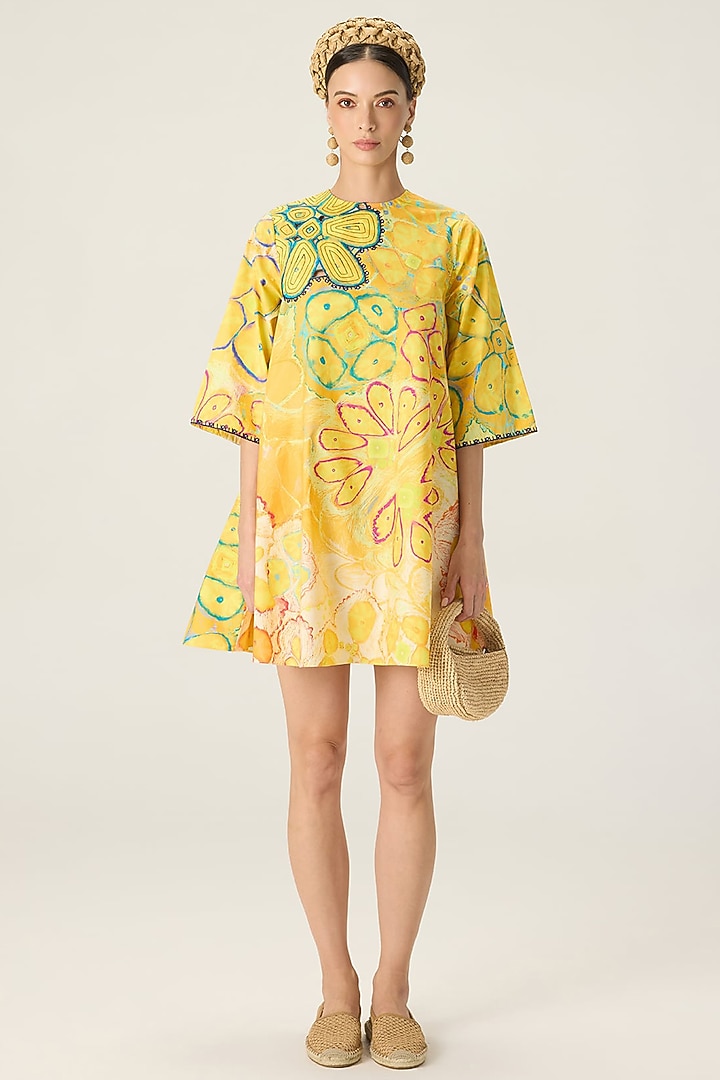 Yellow Stretch Cotton Floral Printed Mini Vacation Dress by Saaksha & Kinni at Pernia's Pop Up Shop