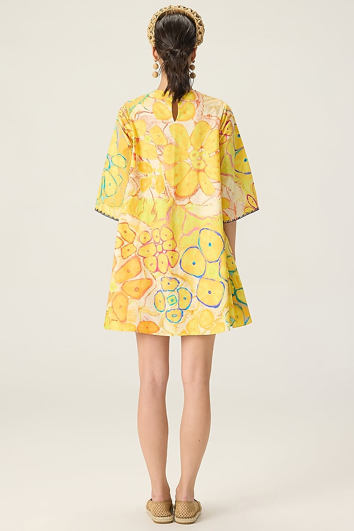 Yellow Stretch Cotton Floral Printed Mini Vacation Dress by Saaksha & Kinni at Pernia's Pop Up Shop
