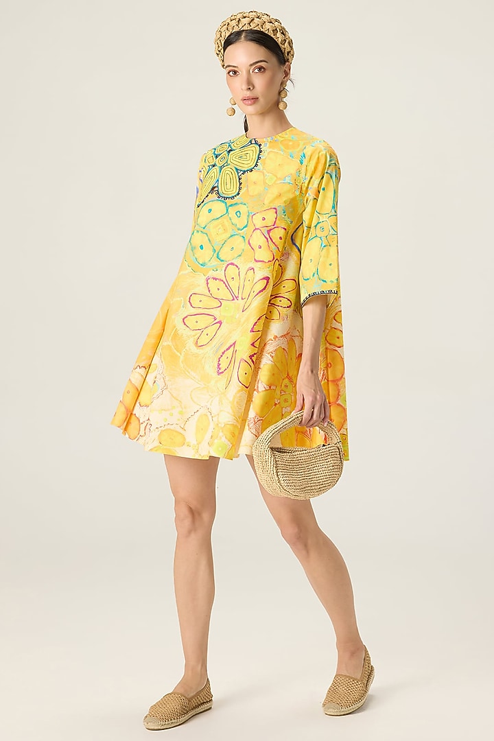 Yellow Stretch Cotton Floral Printed Mini Vacation Dress by Saaksha & Kinni at Pernia's Pop Up Shop