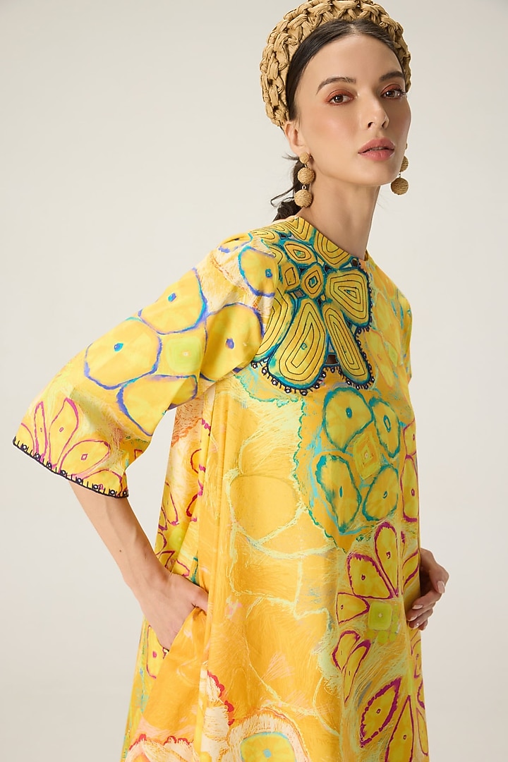 Yellow Stretch Cotton Floral Printed Mini Vacation Dress by Saaksha & Kinni at Pernia's Pop Up Shop
