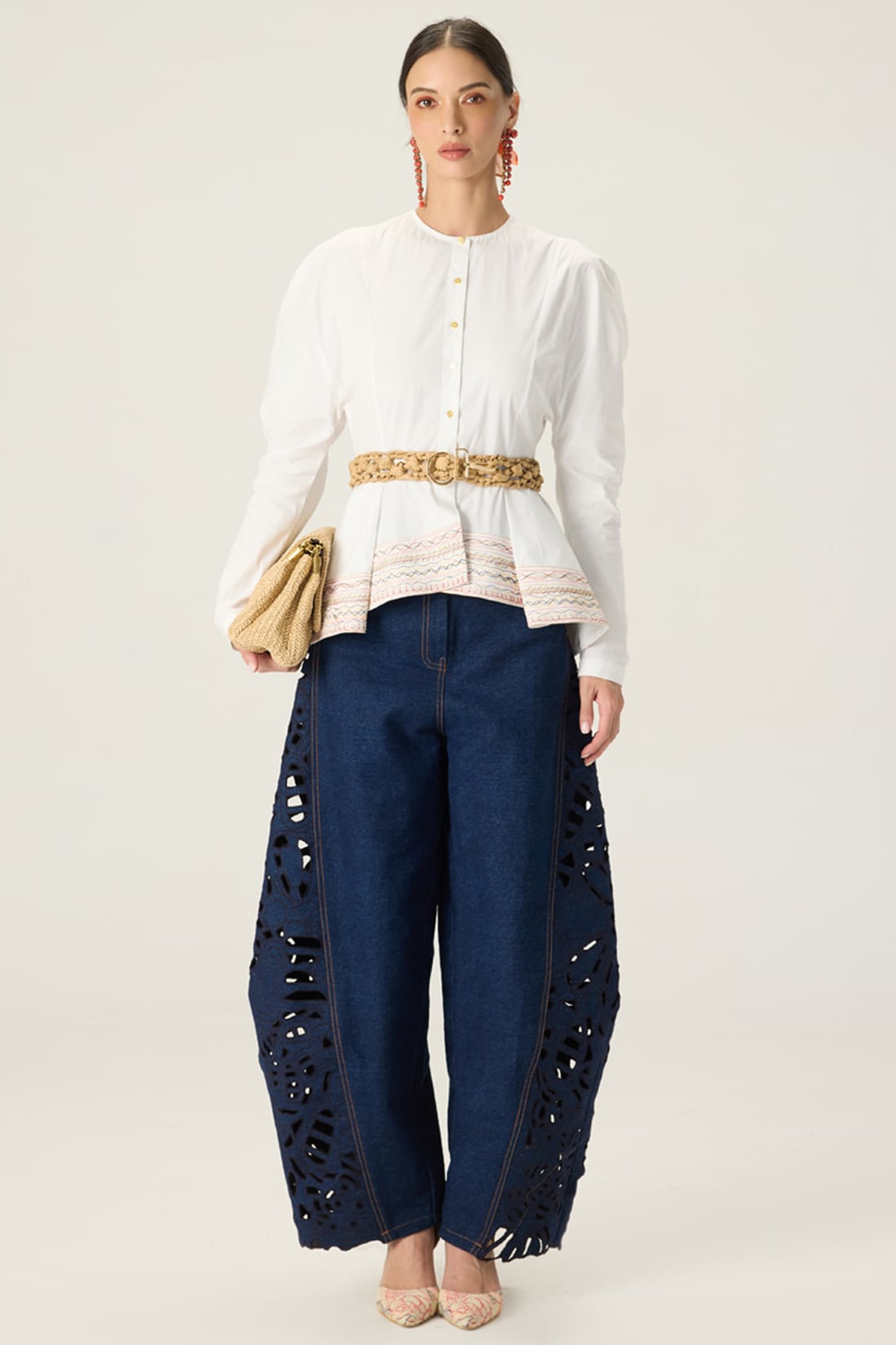 Saaksha & Kinni White & Blue Stretch Cotton Embroidered Co-Ord Set