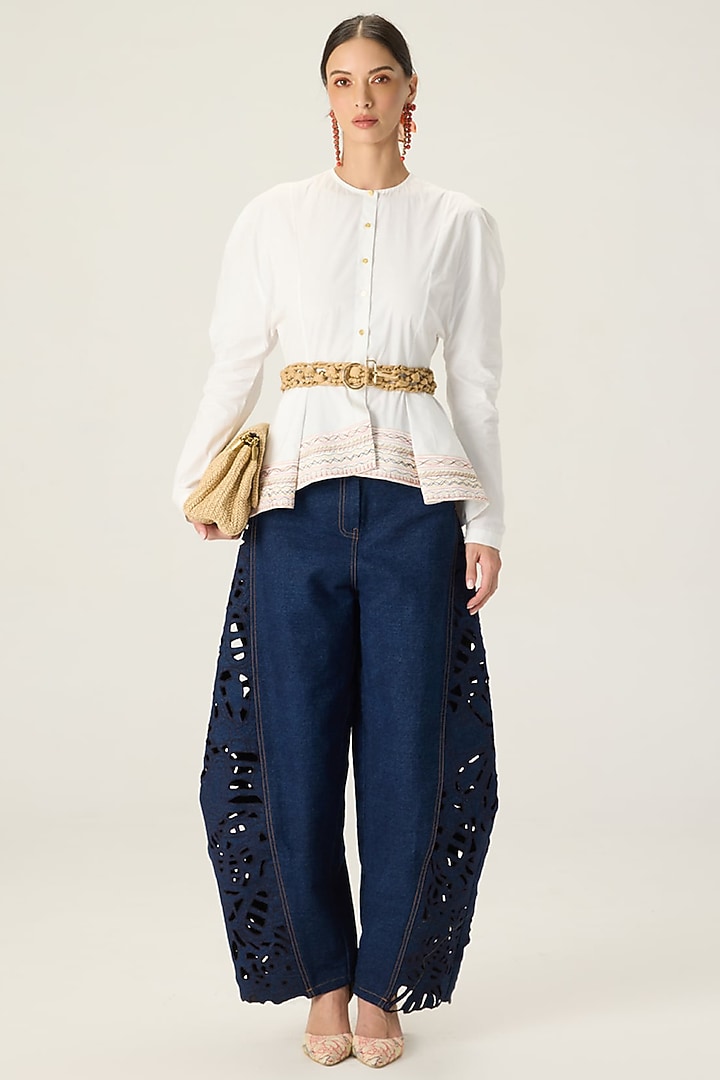 White & Blue Stretch Cotton Embroidered Co-Ord Set by Saaksha & Kinni at Pernia's Pop Up Shop