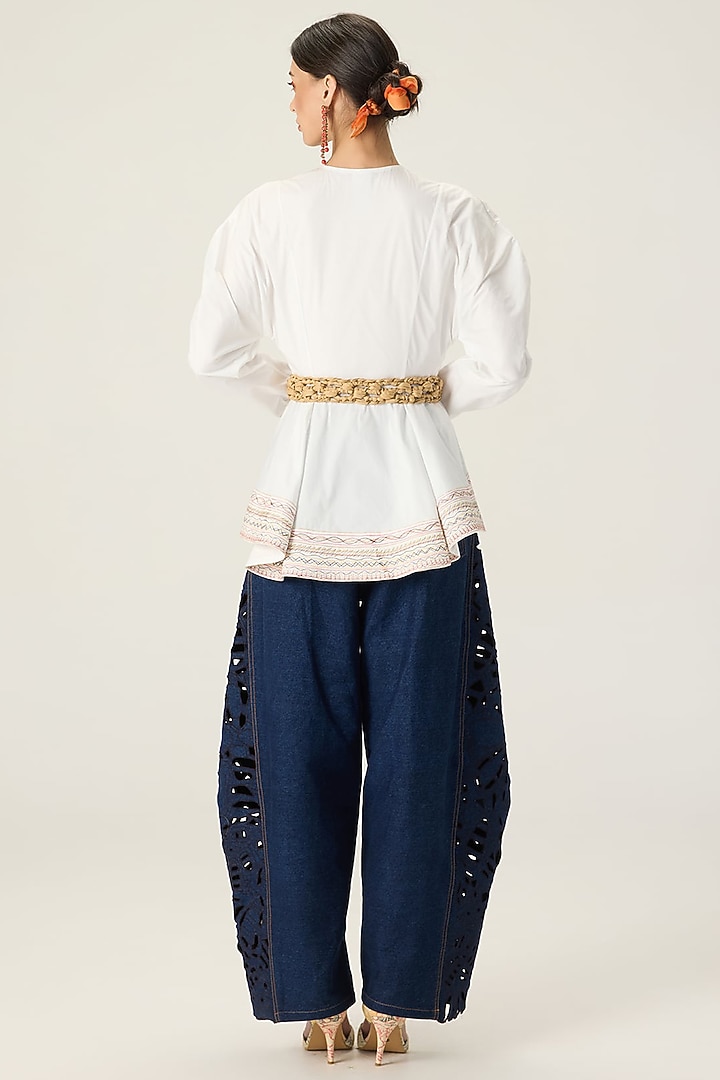 White & Blue Stretch Cotton Embroidered Co-Ord Set by Saaksha & Kinni at Pernia's Pop Up Shop