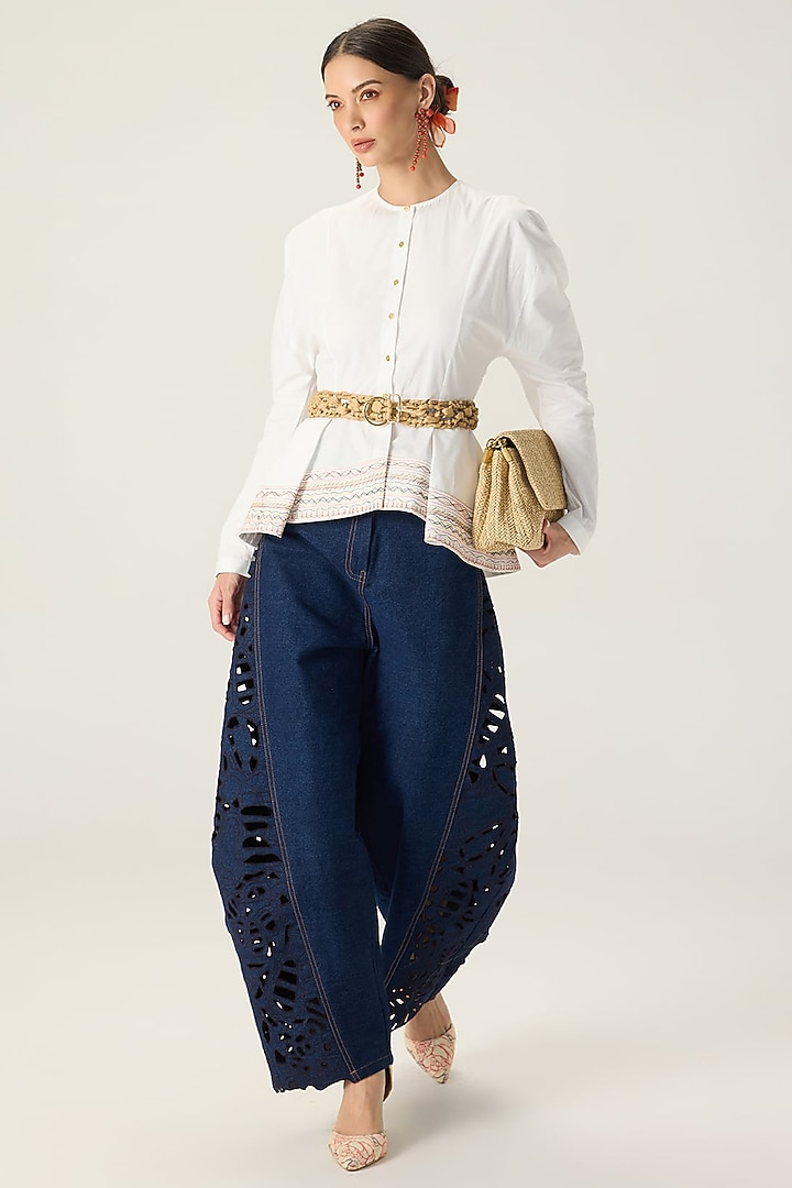 White & Blue Stretch Cotton Embroidered Co-Ord Set by Saaksha & Kinni at Pernia's Pop Up Shop