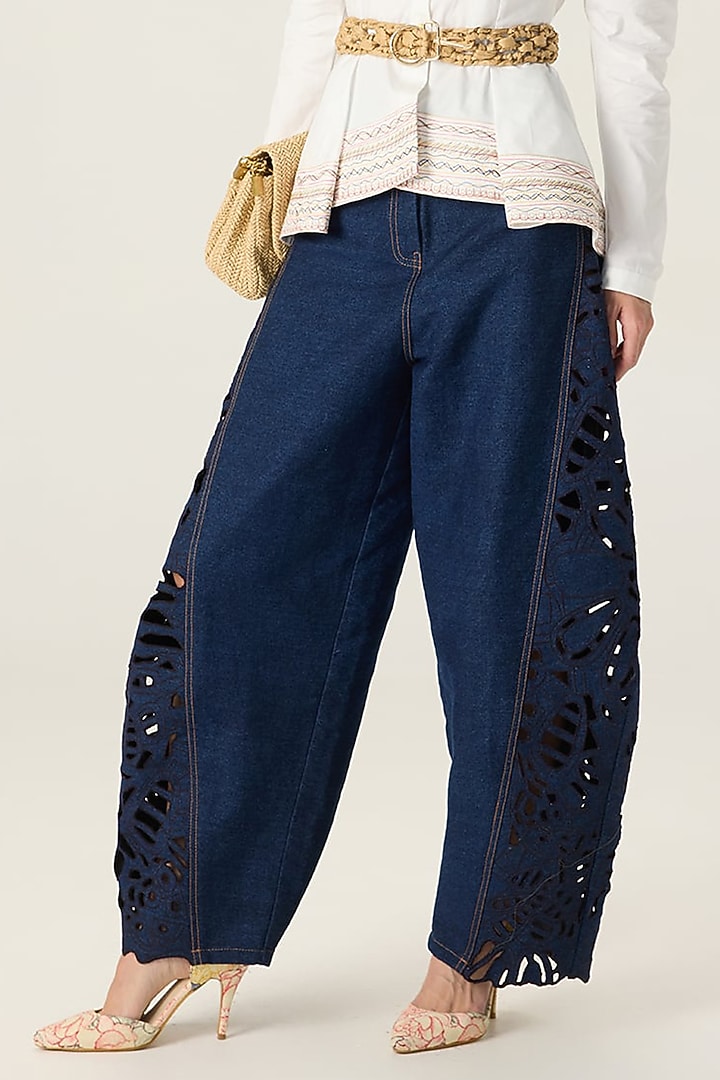 White & Blue Stretch Cotton Embroidered Co-Ord Set by Saaksha & Kinni at Pernia's Pop Up Shop