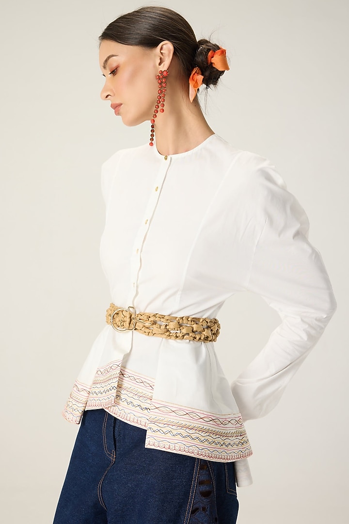 White & Blue Stretch Cotton Embroidered Co-Ord Set by Saaksha & Kinni at Pernia's Pop Up Shop