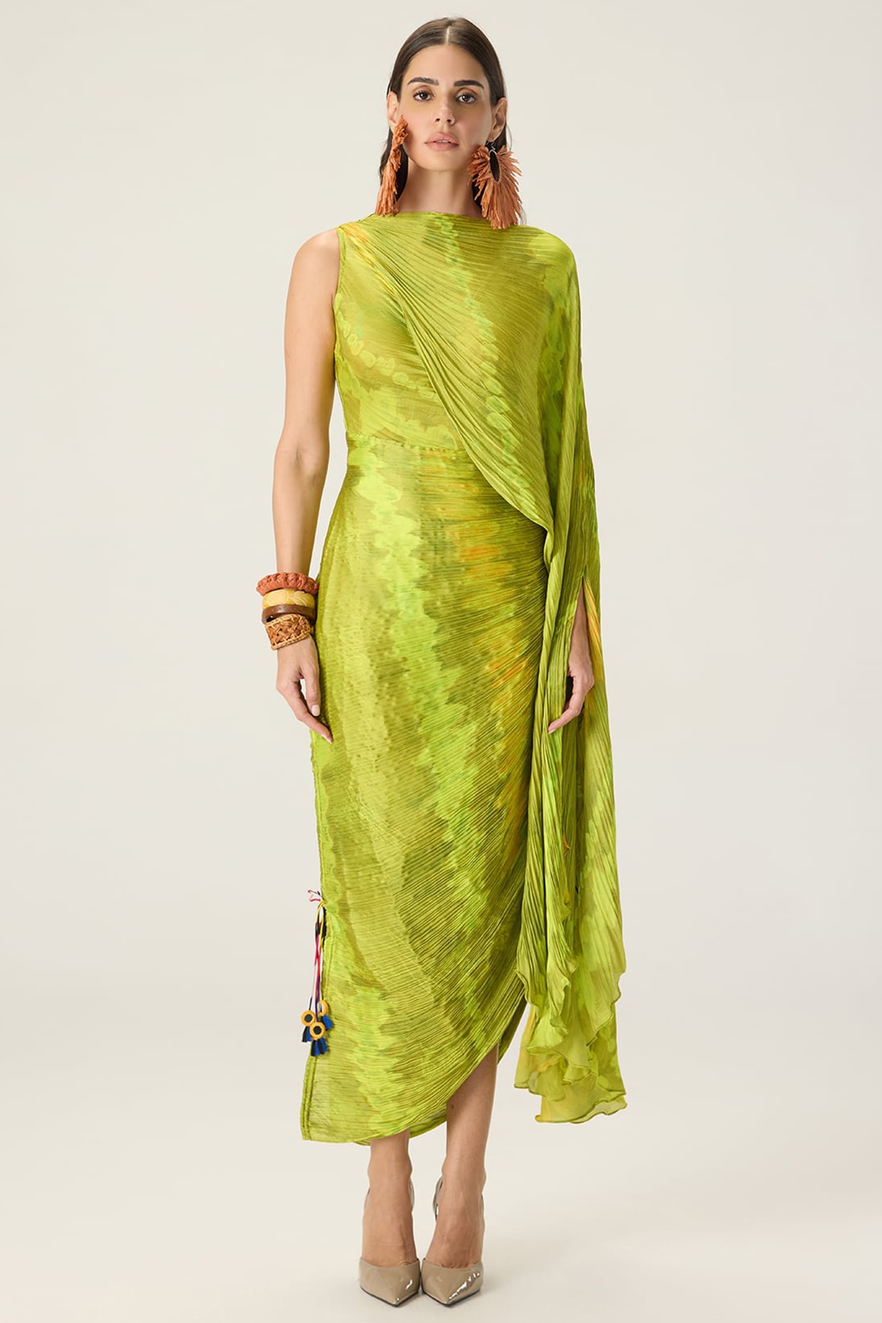 Saaksha & Kinni Lime Green Chiffon Leheriya Printed Maxi Dress