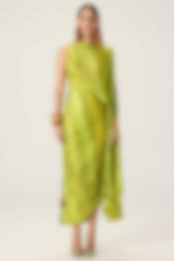 Lime Green Chiffon Leheriya Printed Maxi Cocktail Dress by Saaksha & Kinni at Pernia's Pop Up Shop