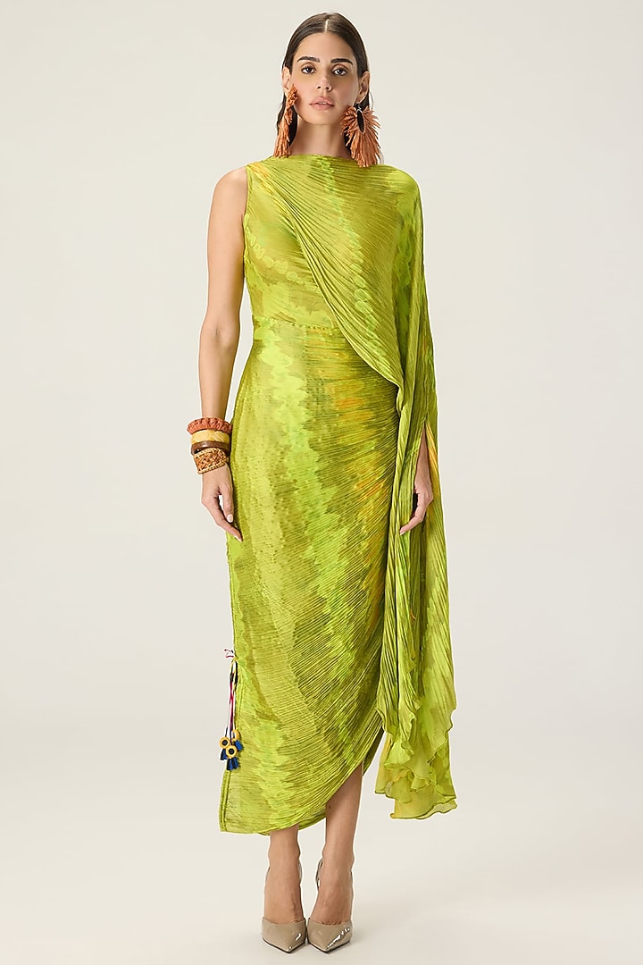 Lime Green Chiffon Leheriya Printed Maxi Cocktail Dress by Saaksha & Kinni at Pernia's Pop Up Shop