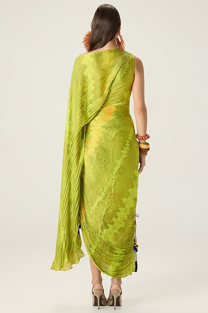 Lime Green Chiffon Leheriya Printed Maxi Cocktail Dress by Saaksha & Kinni at Pernia's Pop Up Shop