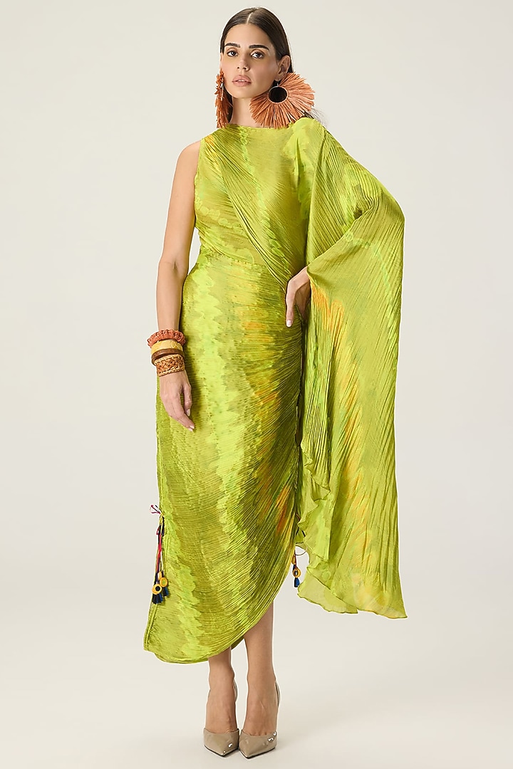 Lime Green Chiffon Leheriya Printed Maxi Cocktail Dress by Saaksha & Kinni at Pernia's Pop Up Shop