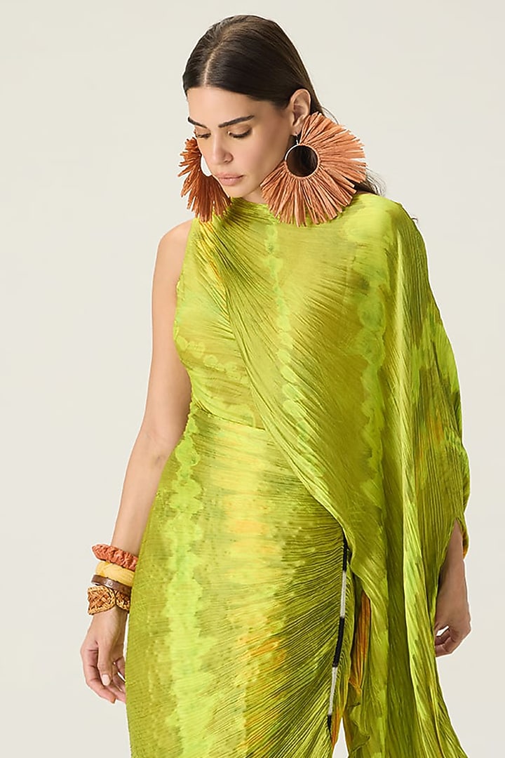 Lime Green Chiffon Leheriya Printed Maxi Cocktail Dress by Saaksha & Kinni at Pernia's Pop Up Shop