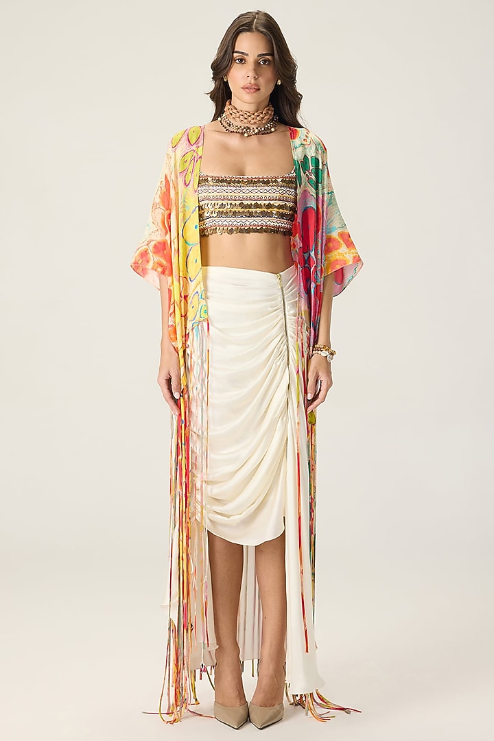 White Silk Satin Ruched Maxi Skirt Set by Saaksha & Kinni at Pernia's Pop Up Shop
