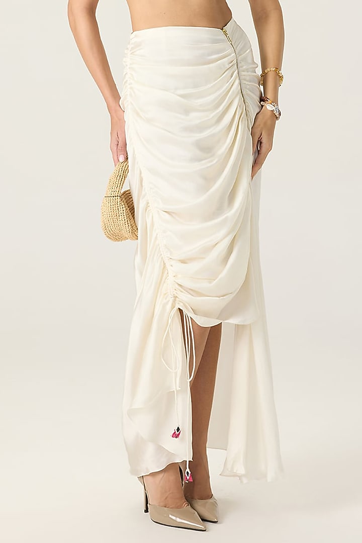 White Silk Satin Ruched Maxi Skirt Set by Saaksha & Kinni at Pernia's Pop Up Shop