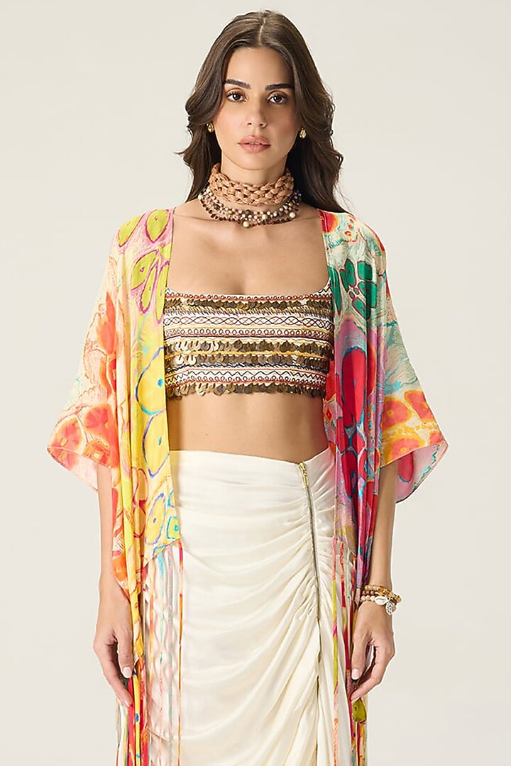 White Silk Satin Ruched Maxi Skirt Set by Saaksha & Kinni at Pernia's Pop Up Shop