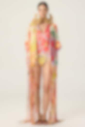 Multi-Colored Stretch Jersey Floral Printed Bodysuit With Cape by Saaksha & Kinni at Pernia's Pop Up Shop