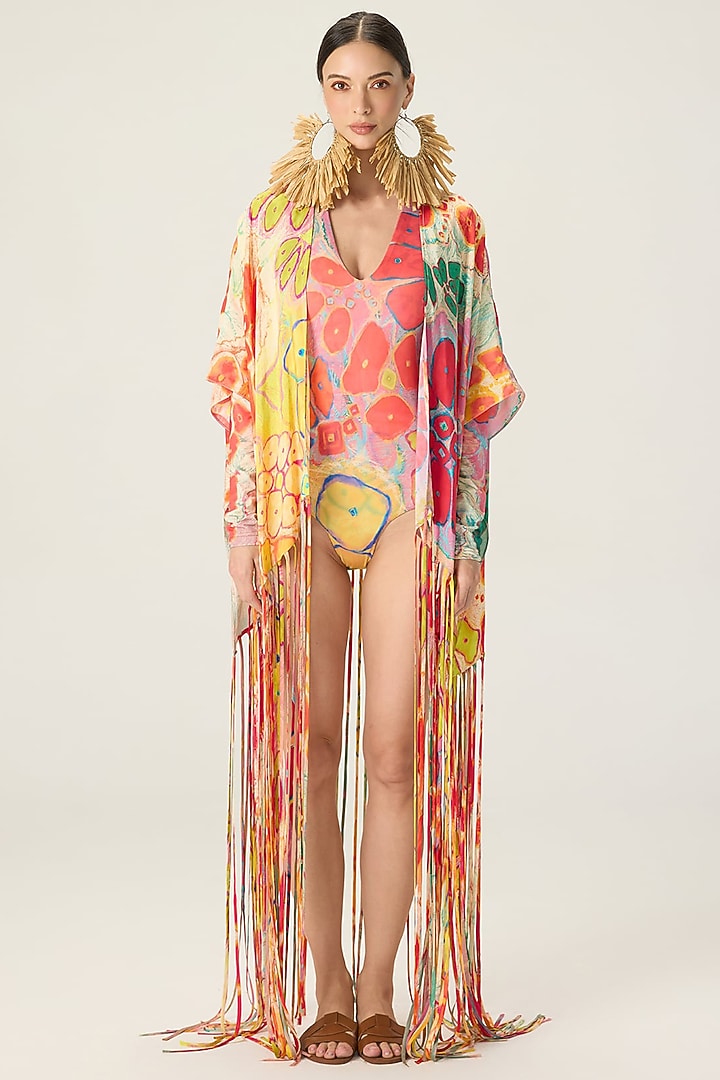 Multi-Colored Stretch Jersey Floral Printed Bodysuit With Cape by Saaksha & Kinni at Pernia's Pop Up Shop